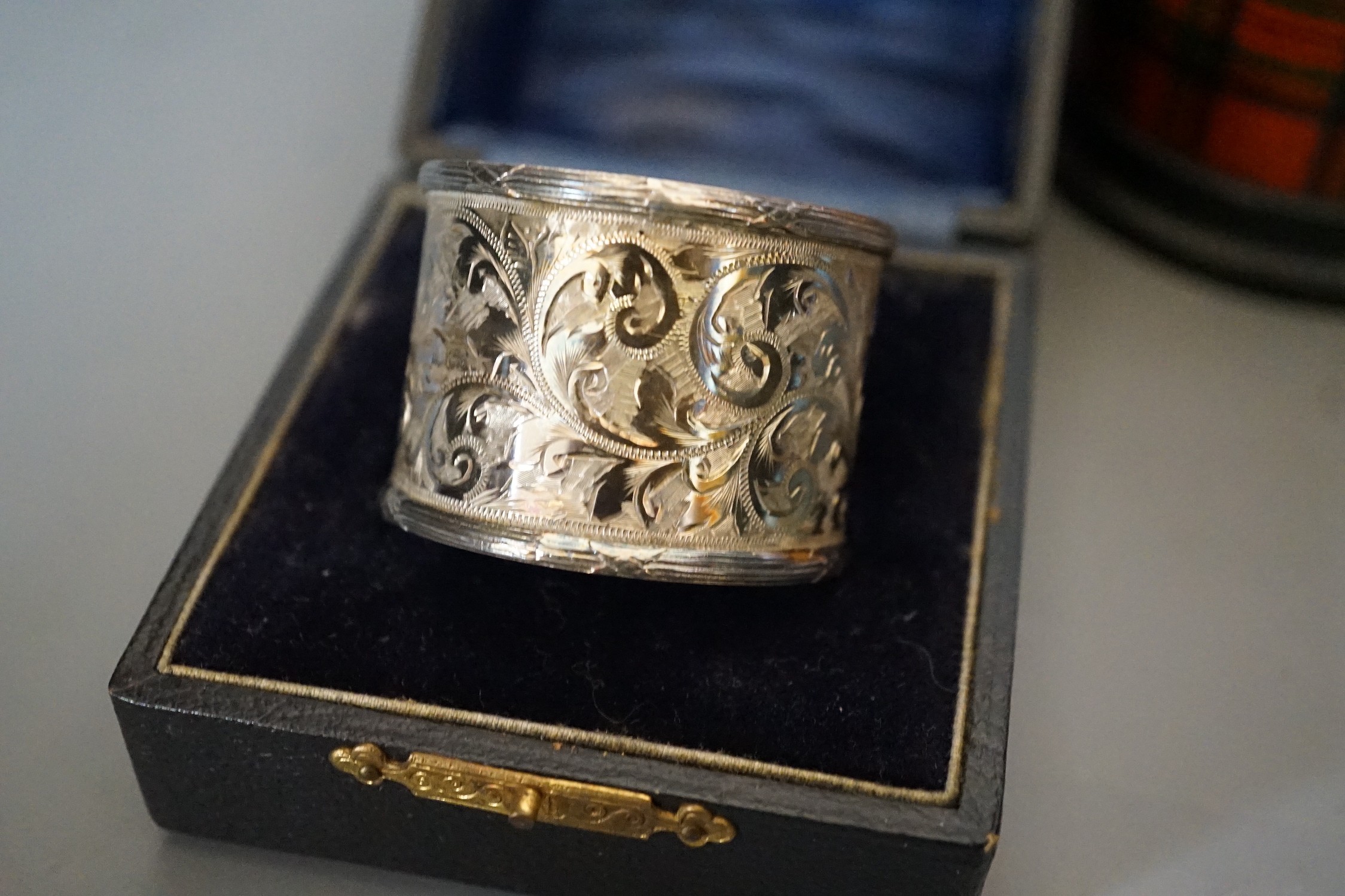 Burr walnut and parquetry box, burr yew box, tartanware box and cased silver napkin ring, tartan box 6.5 cms high